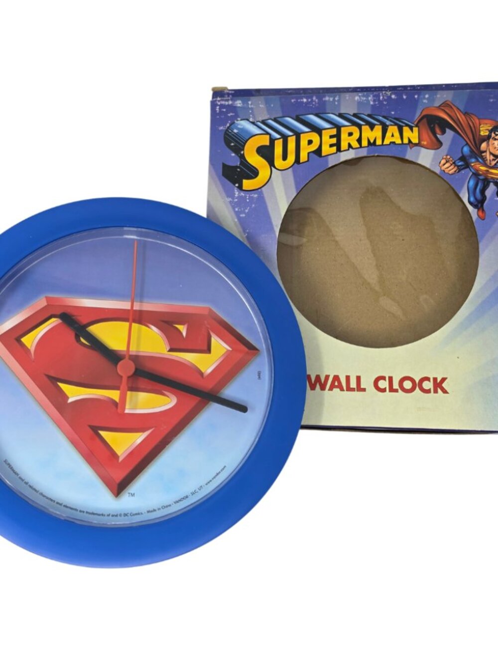 Vtg 2002 New with Box Superman Shield Quartz 8" Circle Wall Clock Tested Working